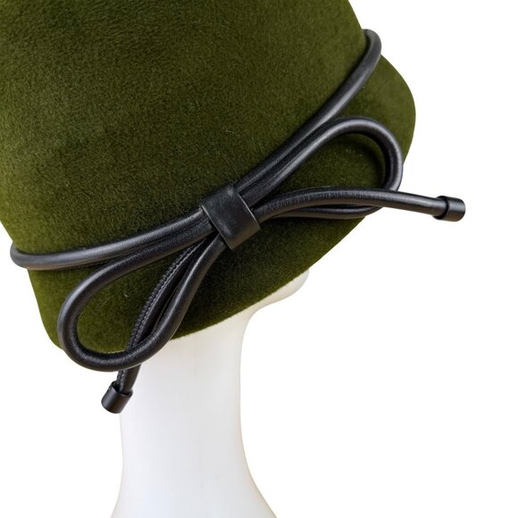 Womens Green Wool Cloche Hat With Black Leather Bow Accent - Picture 6 of 11